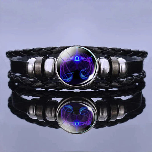 Zodiac Constellation Braided Design Black Leather Bracelet Adjustable