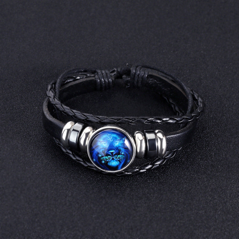 Zodiac Constellation Braided Design Black Leather Bracelet Adjustable