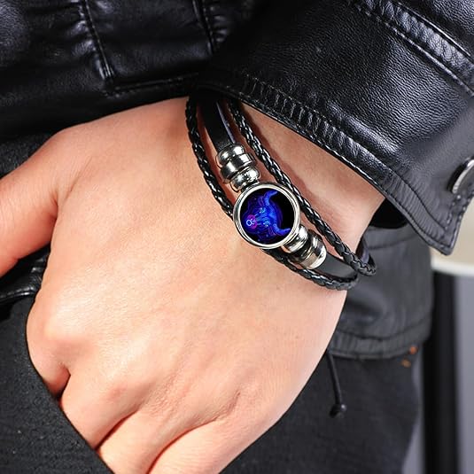 Zodiac Constellation Braided Design Black Leather Bracelet Adjustable