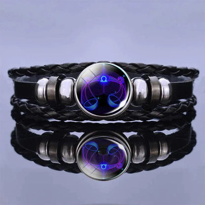 Zodiac Constellation Braided Design Black Leather Bracelet Adjustable